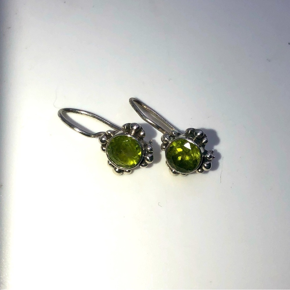 STERLING Silver & Peridot Floral Flower Shaped Earrings Approx 1”
